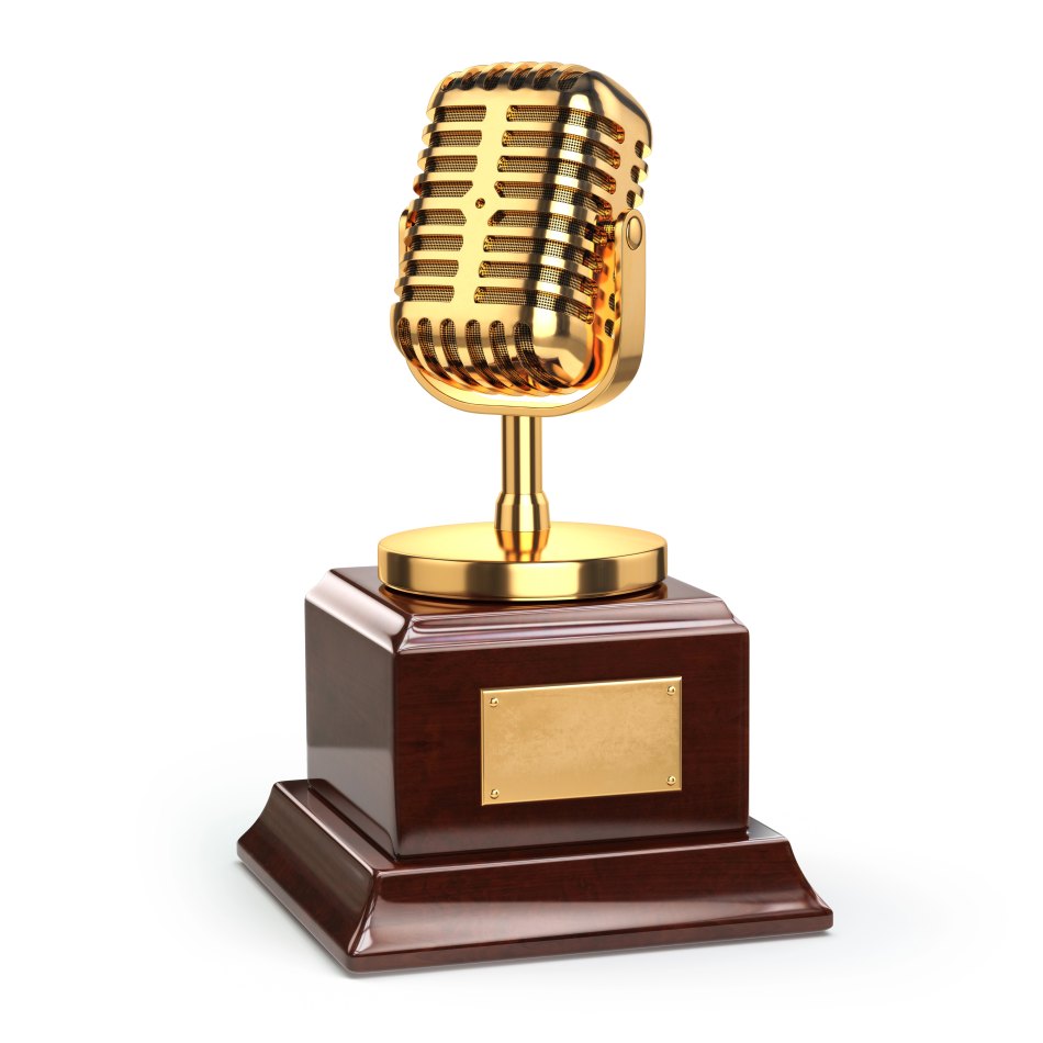 Gold microphone award trophy representing a podcast awards ceremony