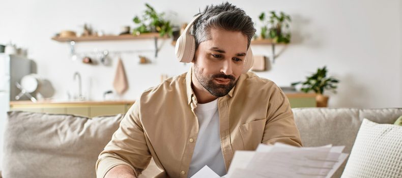 Person wearing headphones listening to a divorce podcast while reviewing financial documents at a kitchen table